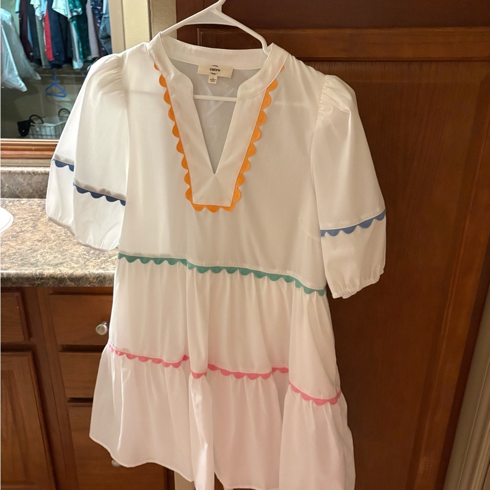 Entro White Dress with Multicolor Trim. This is a super cute teacher dress!
